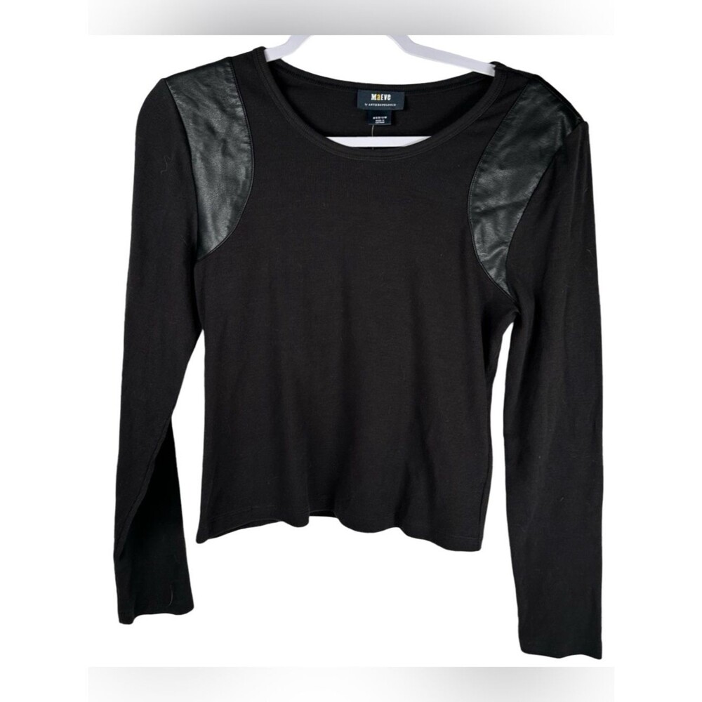 Maeve Anthropologie Black Knit Faux Leather Panel Long Sleeve Top Sz Medium NWT